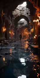 this dark place has people walking underneath the arches