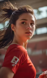 a young lady with a ponytail wearing a red shirt