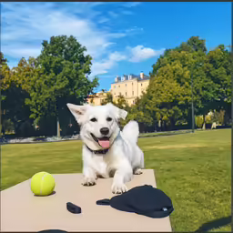 a white dog stands on a table with some tennis balls