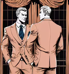an illustration of a man standing by himself,two men in suits facing each other near a window