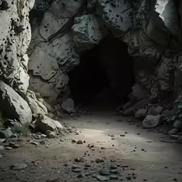 a rocky road leading to some cave like buildings