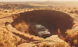 a car parked in the middle of a dirt track