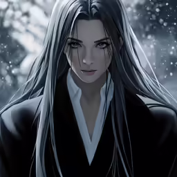 a woman in the snow with long black hair
