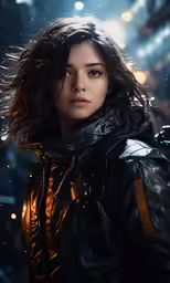 a woman is standing on a snowy street wearing a black leather jacket