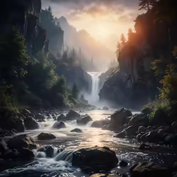 a river running through a forest next to some mountains