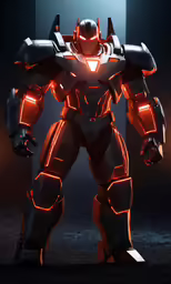 a suit like robot standing in front of a dark background