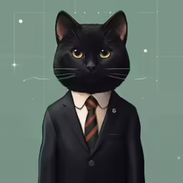a black cat in a suit standing up