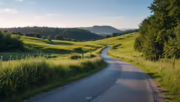 a narrow country road between green rolling hills