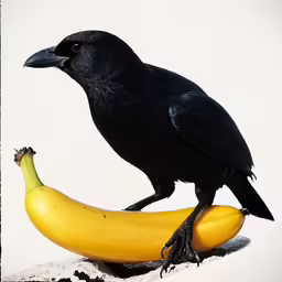 a black bird is perched on top of a banana