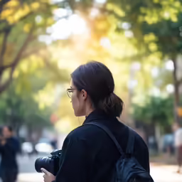 the woman with her back to camera is standing