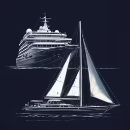 a sail boat with a yacht floating in the background