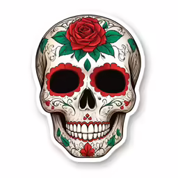 the sticker has a skull with a red rose on it