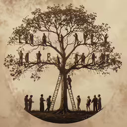 many people are climbing up to the top of a tree