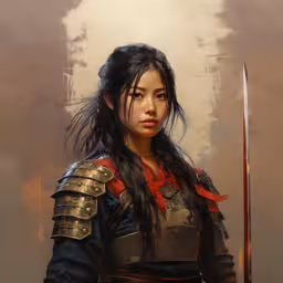 a young woman with a sword and armor,the beautiful asian woman has long black hair