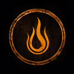 an orange circular logo with a flame within it