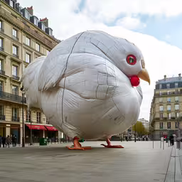 an enormous bird statue is standing on a square,the large white chicken has red eye, which is painted