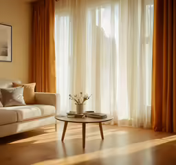a couch is sitting beside a white coffee table