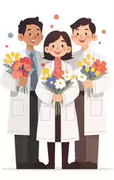 a couple wearing lab coats are standing next to each other