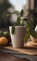 a white pot with a plant in it on a table