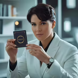 a woman in white jacket holding a black card