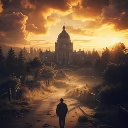 a man walking towards the cathedral in the distance