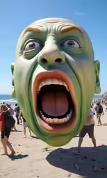 a close up of a face on a man on the beach