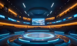 the empty stage has rows of seats and a tv