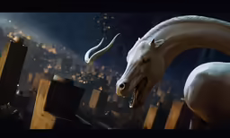 white horse looking up with city in background