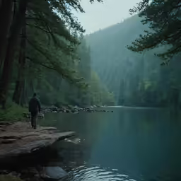 a man is fishing at a lake surrounded by pine trees