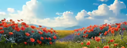 a grassy field with flowers and a sky background