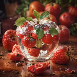 strawberries are in an apple shaped glass bowl
