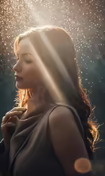a woman in black clothes and light beams over her face