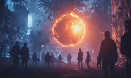 a painting showing an exploding object in a city