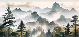 a mountain is shown in the fog and trees