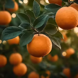 a bunch of ripe oranges hanging from a tree