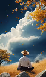 a man sitting on top of a field in a hat
