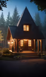 a cottage in the middle of some trees at night