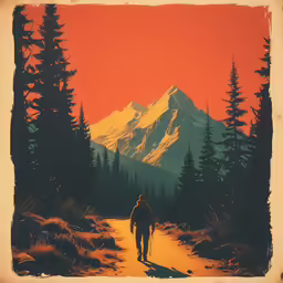 a man walking through a forest on a path at sunset