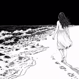 the young woman is walking down the beach