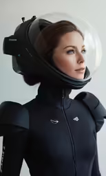 a woman wearing a black wet suit and a helmet