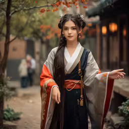 a girl in a chinese dress poses for a picture