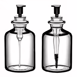 two bottles with black ink are holding empty items