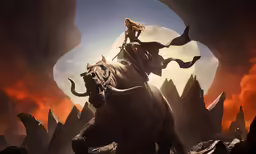 a beautiful woman sitting on top of a cow in a cave