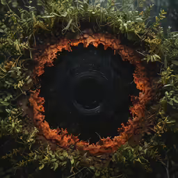 a group of trees around a black circle with the center surrounded by green leaves