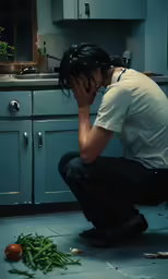 a man in a kitchen with his hands on his face