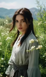 a woman posing in tall grass near flowers