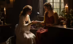 two young girls sitting at a desk talking