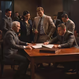 a group of business people stand around a book on a table