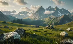 a grass field covered in rocks and tall mountains