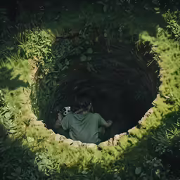 a person kneeling in a hole filled with green plants